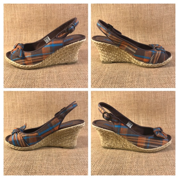 espadrilles sandals wedges open toe plaid size 7. - Picture 2 of 7